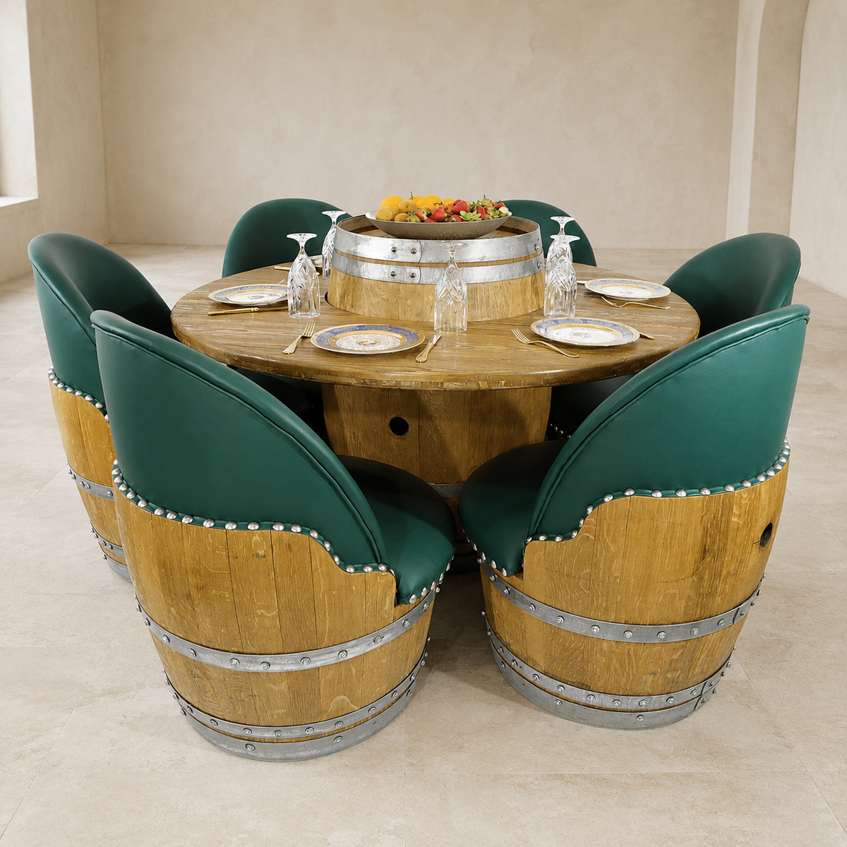 Whiskey & Wine Barrel Dining Set – Convertible Table with 6 Barrel Chairs