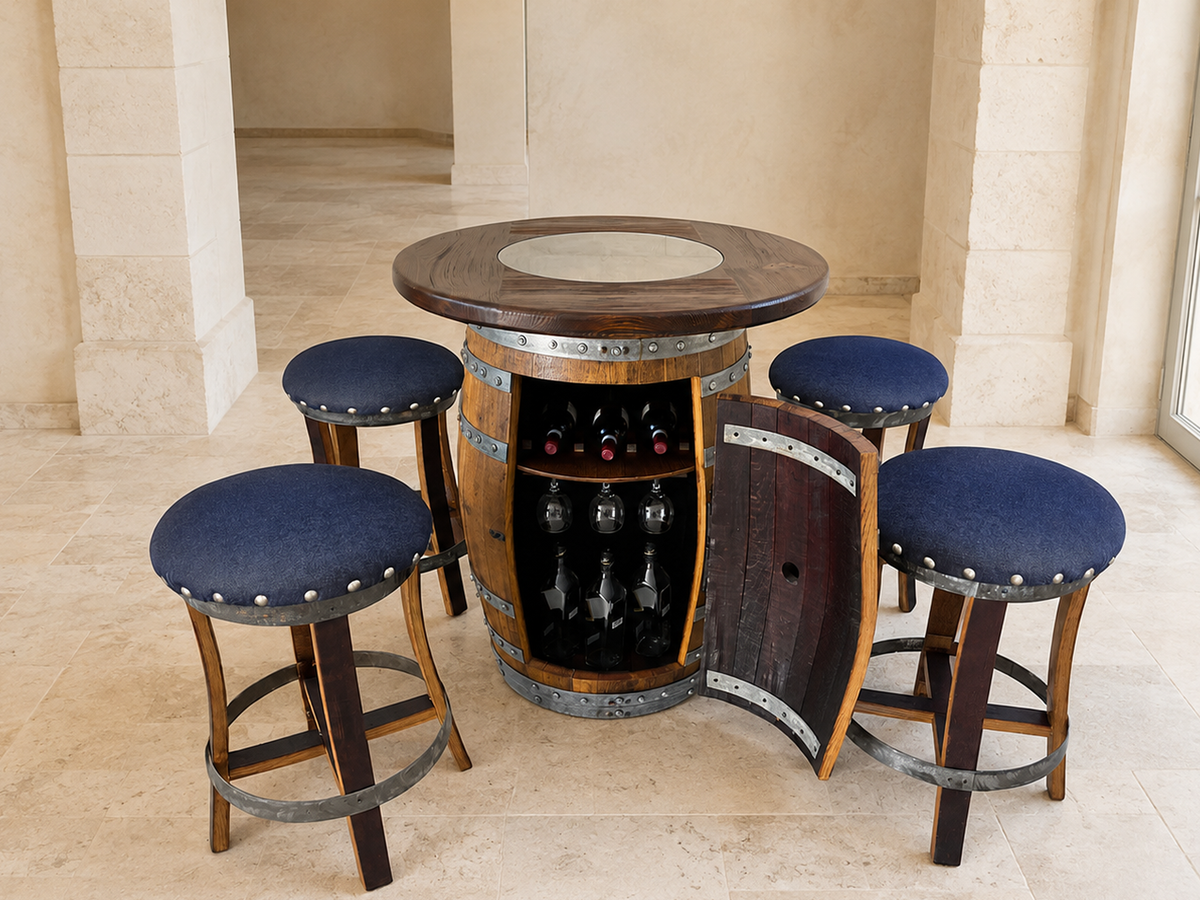 Whiskey & Wine Barrel Pub Set – Limited Colorways, Glass Top & Cabinet Storage