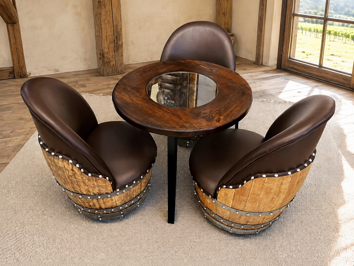 Whiskey & Wine Barrel Steel-Leg Table Set – 3 Chairs, Modern Build