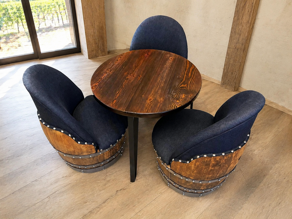 Whiskey & Wine Barrel Steel-Leg Table Set – 3 Chairs, Modern Build