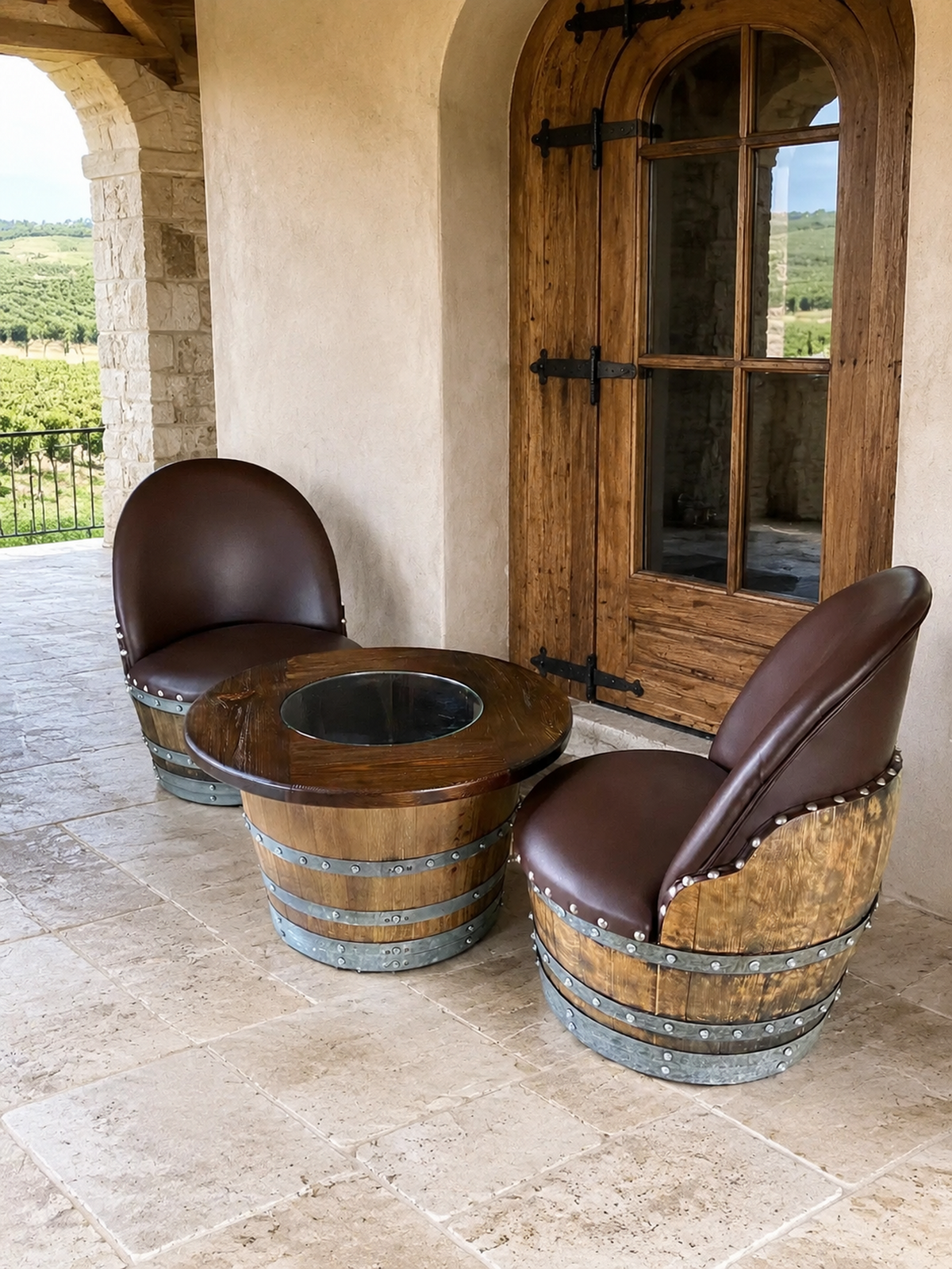Whiskey & Wine Barrel Half-Barrel Table Set – 2 Chairs