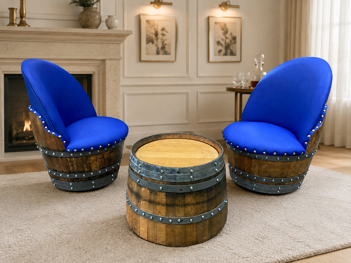 Whiskey & Wine Barrel Coffee Table Set – 2 Chairs