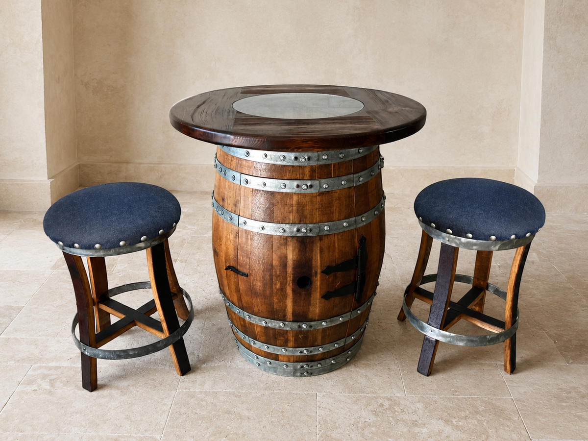 Whiskey & Wine Barrel Pub Set – Limited Colorways, Glass Top & Cabinet Storage