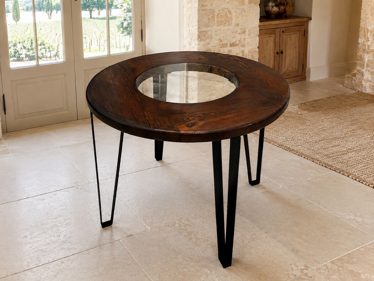 Whiskey & Wine Barrel Steel-Leg Table Set – 4 Chairs, Modern Build