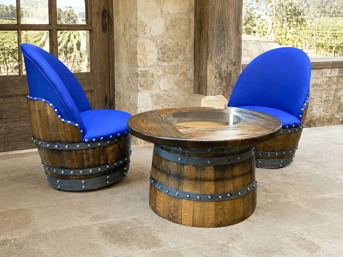 Whiskey & Wine Barrel Half-Barrel Table Set – 2 Chairs