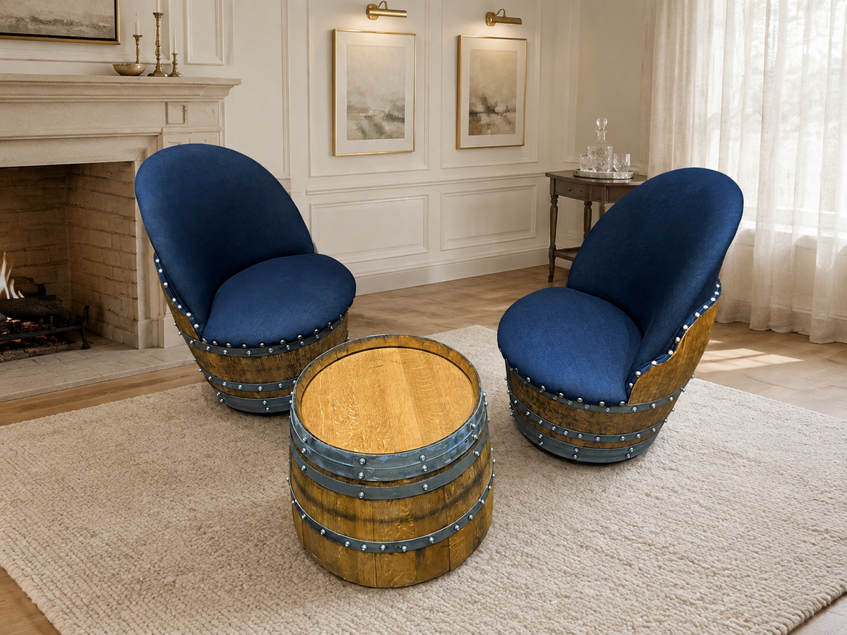 Whiskey & Wine Barrel Coffee Table Set – 2 Chairs