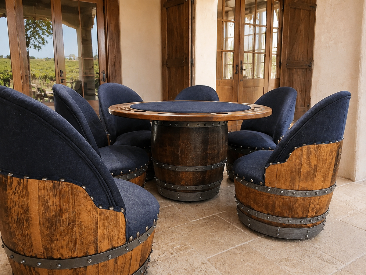 Whiskey & Wine Barrel Game Table Set – Total Denim Limited Edition, 6 Chairs