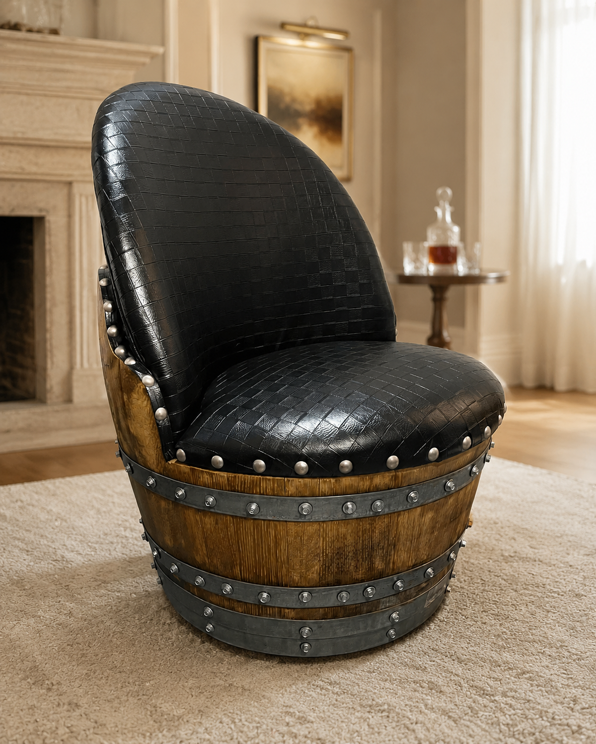 Whiskey & Wine Barrel Coffee Table Set – 2 Chairs