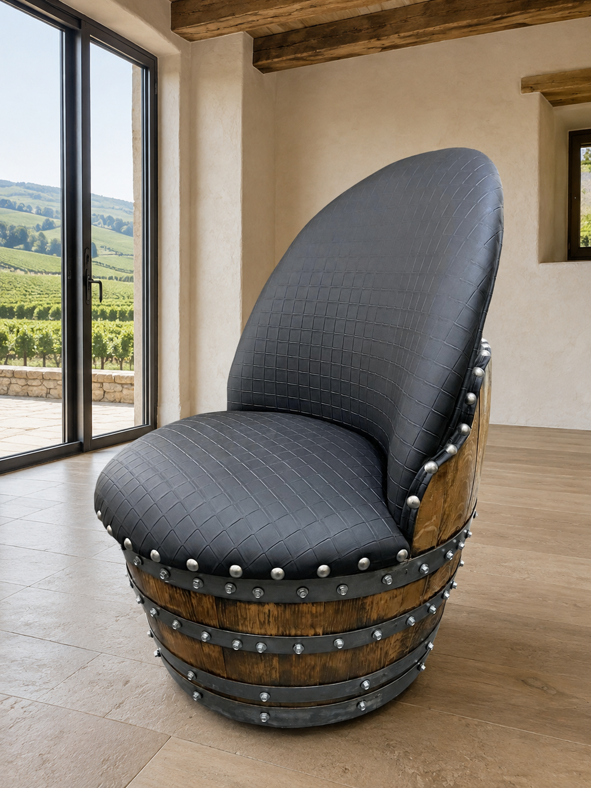 Whiskey & Wine Barrel Steel-Leg Table Set – 3 Chairs, Modern Build