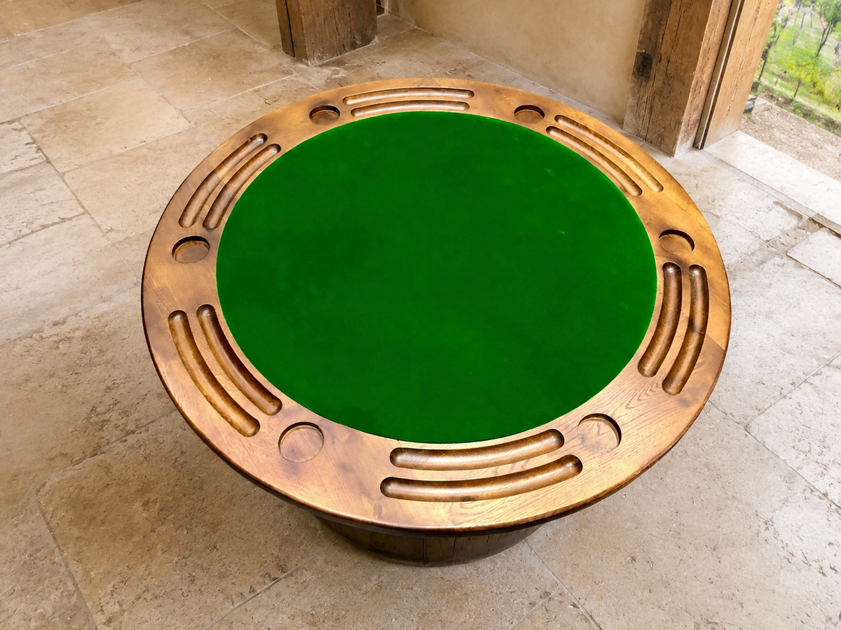 Whiskey & Wine Barrel Game Table Set – 6 Chairs with Poker & Dining Top