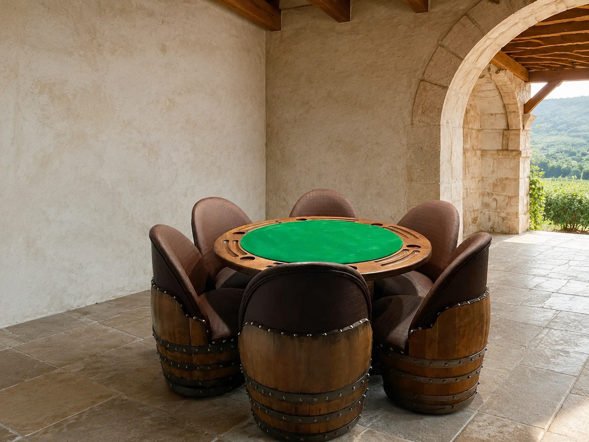 Whiskey & Wine Barrel Game Table Set – 6 Chairs with Poker & Dining Top