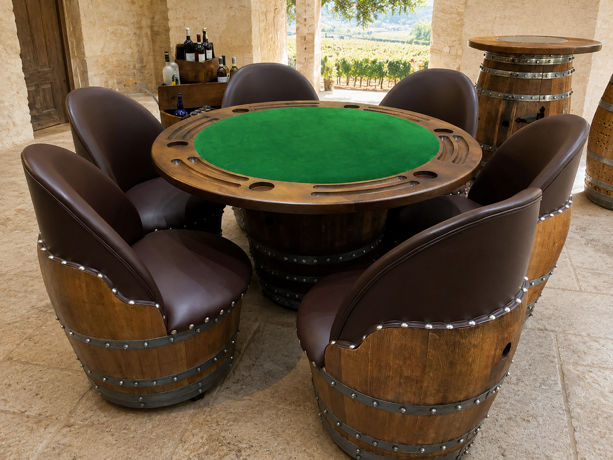 Whiskey & Wine Barrel Game Table Set – 6 Chairs with Poker & Dining Top