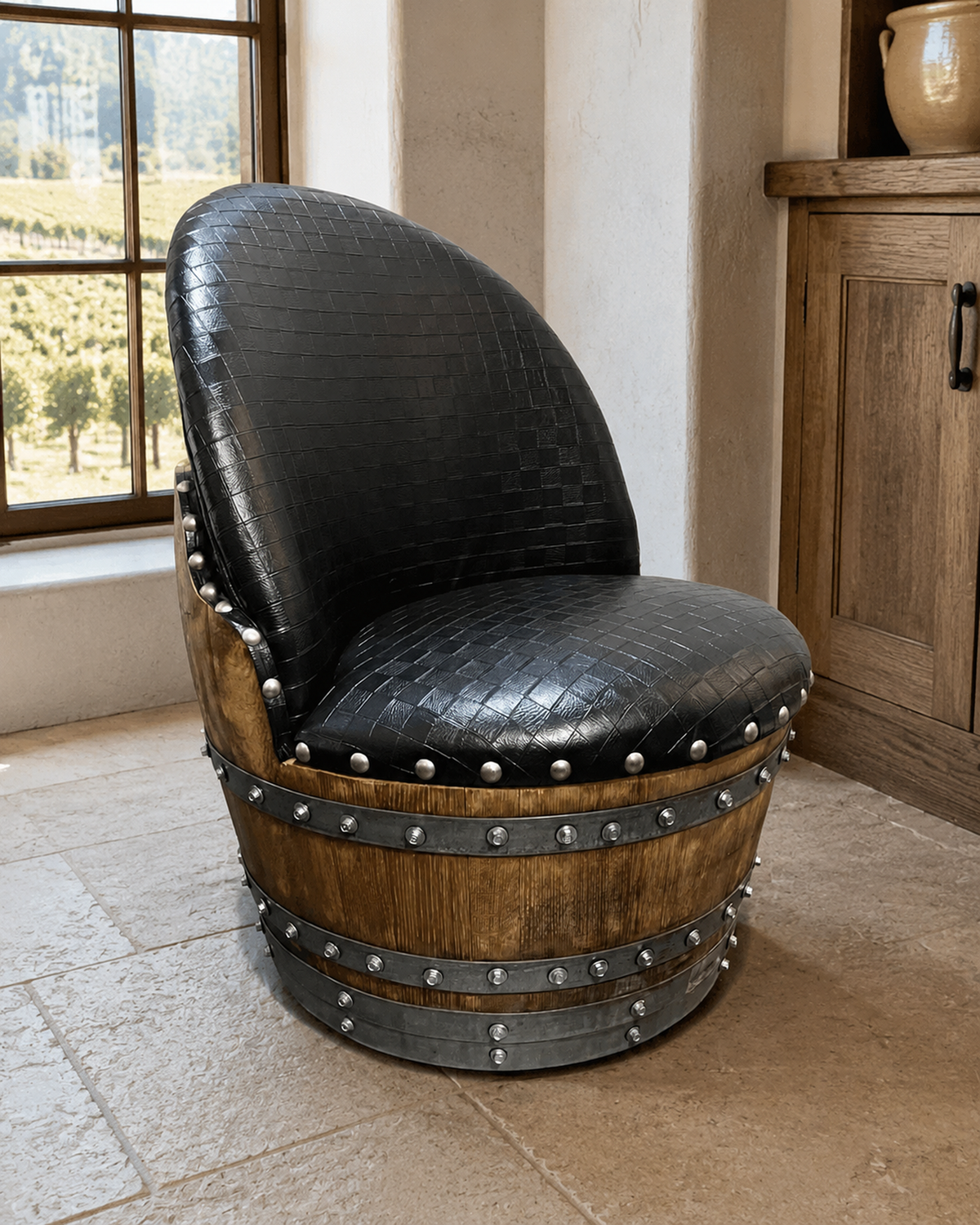 Whiskey & Wine Barrel Steel-Leg Table Set – 4 Chairs, Modern Build