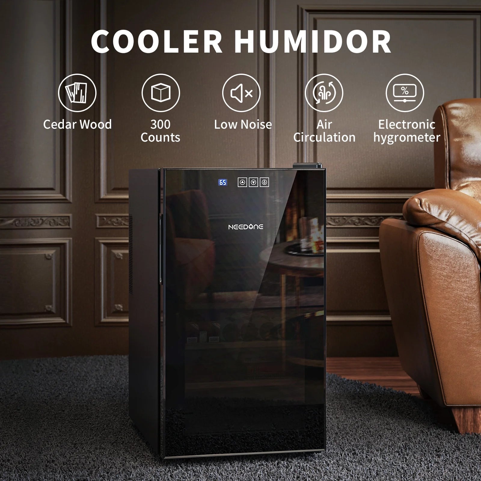 48L Electric Humidor 300 Counts Cigar Cooler Humidor Humidifier Box, with 3 Spanish Cedar Wood Shelves & 1 Drawer
