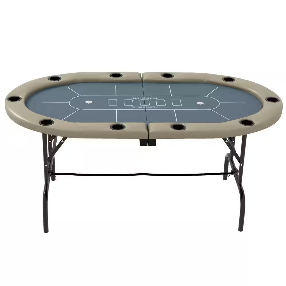 Poker Table Foldable, 70 In. Oval Blackjack Casino Texas Holdem Poker Game Table in Blue and Brown