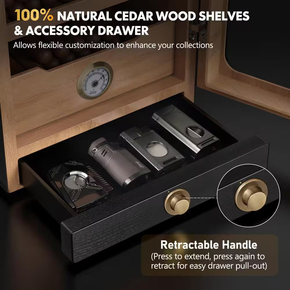 11 In. X 9.72 In. X 15.8 In. Black Desktop Cigar Humidor Cabinet Light Control System, with Spanish Cedar Wood Shelves