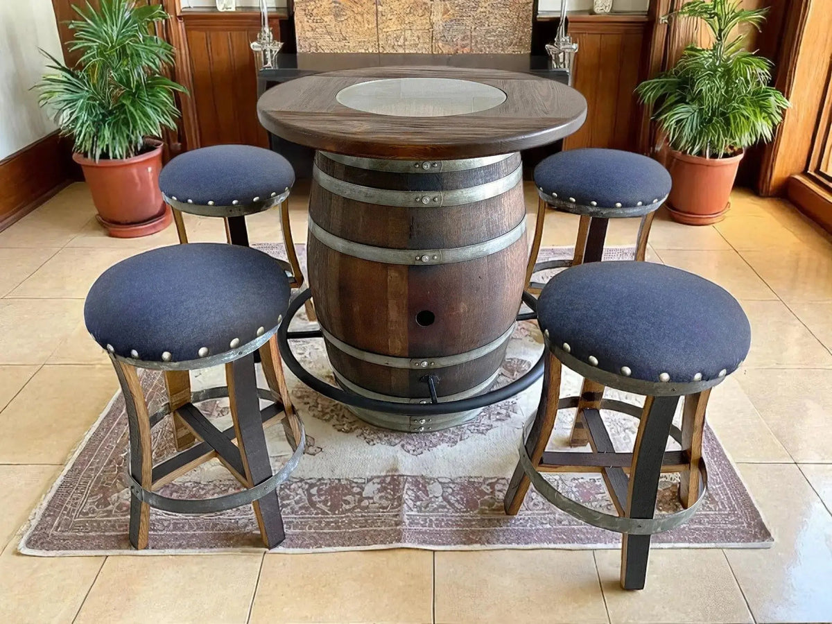 Whiskey & Wine Barrel Bistro Pub Set – 4 Stools, Glass Top & Foot Rail