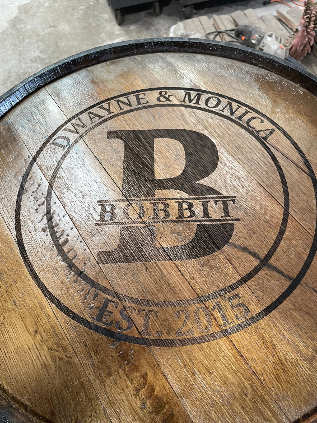 Open Face Whiskey Barrel Cabinet – Custom Engraved Bourbon Barrel Storage