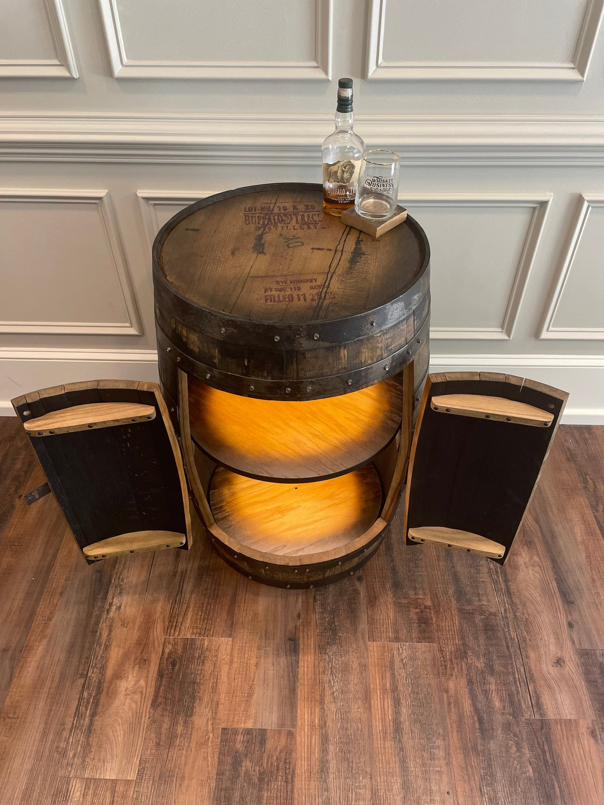 Standard Whiskey Barrel Cabinet – Custom Engraved Bourbon Barrel Storage