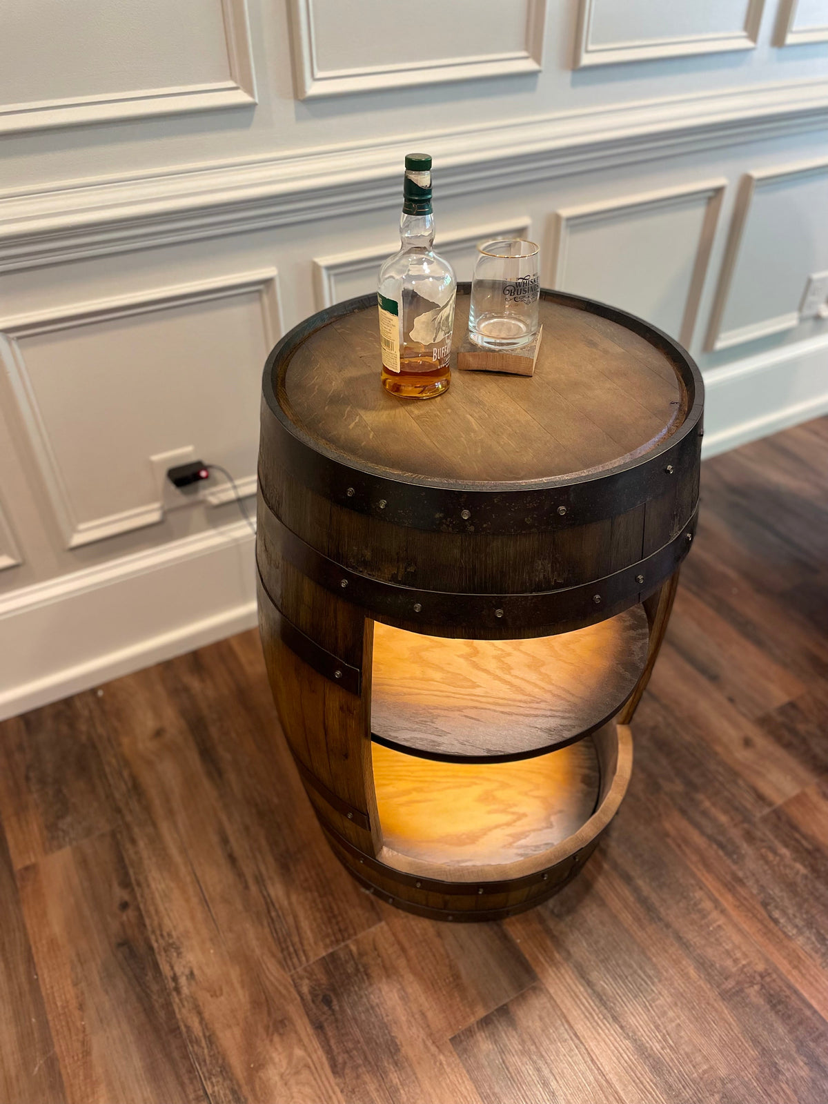 Open Face Whiskey Barrel Cabinet – Custom Engraved Bourbon Barrel Storage