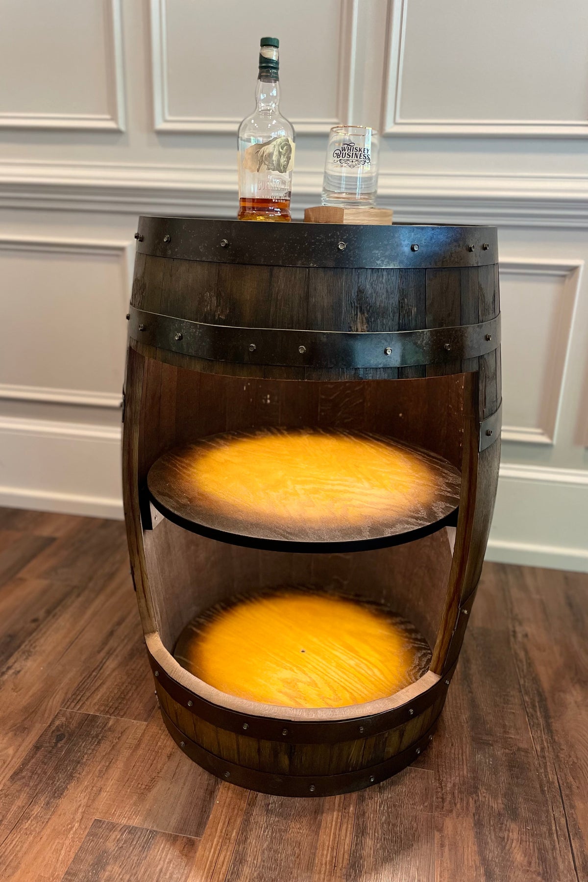 Open Face Whiskey Barrel Cabinet – Custom Engraved Bourbon Barrel Storage