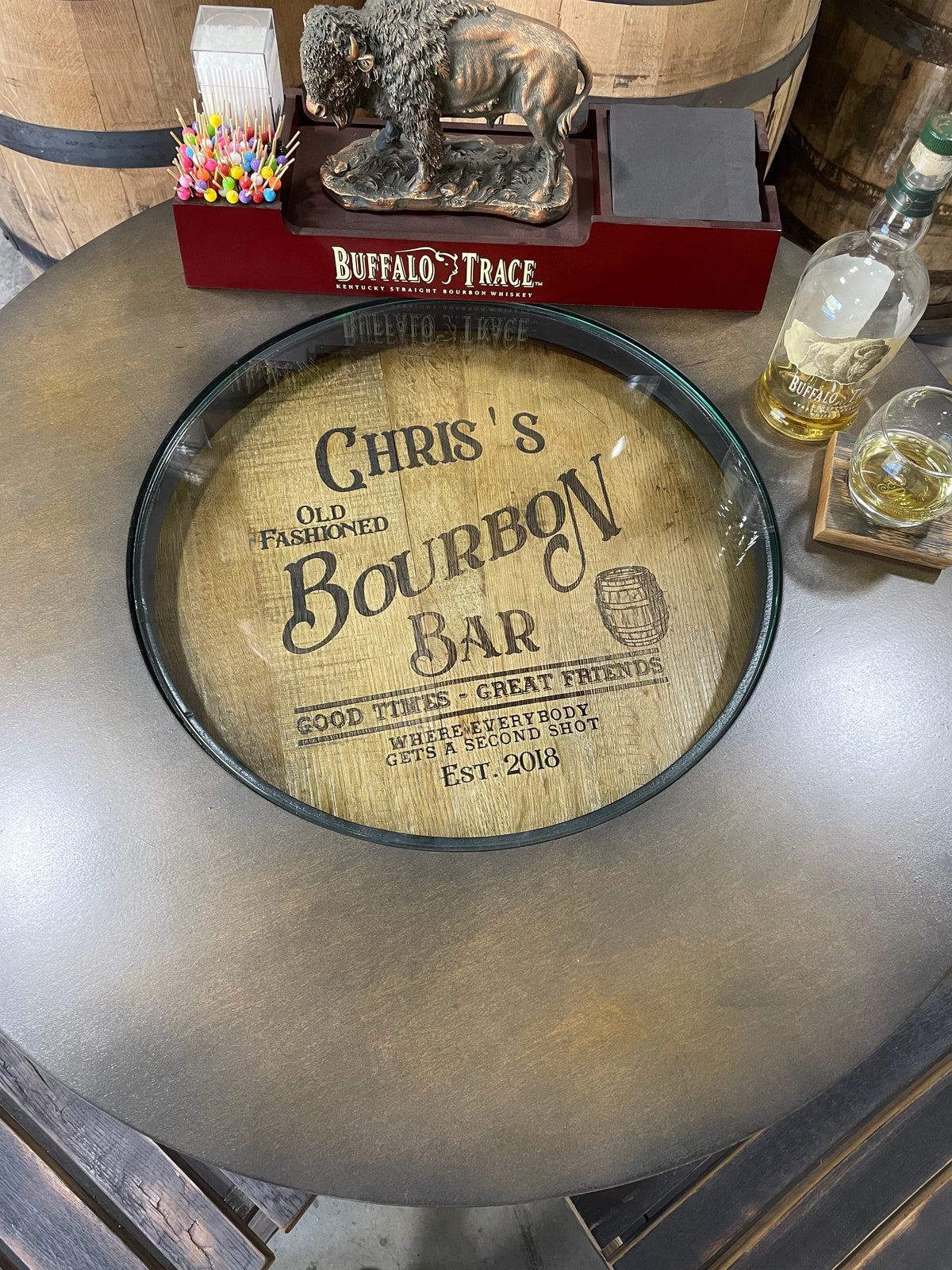 Bourbon Barrel Bistro/Pub Table – Custom Engraved Whiskey Barrel Table