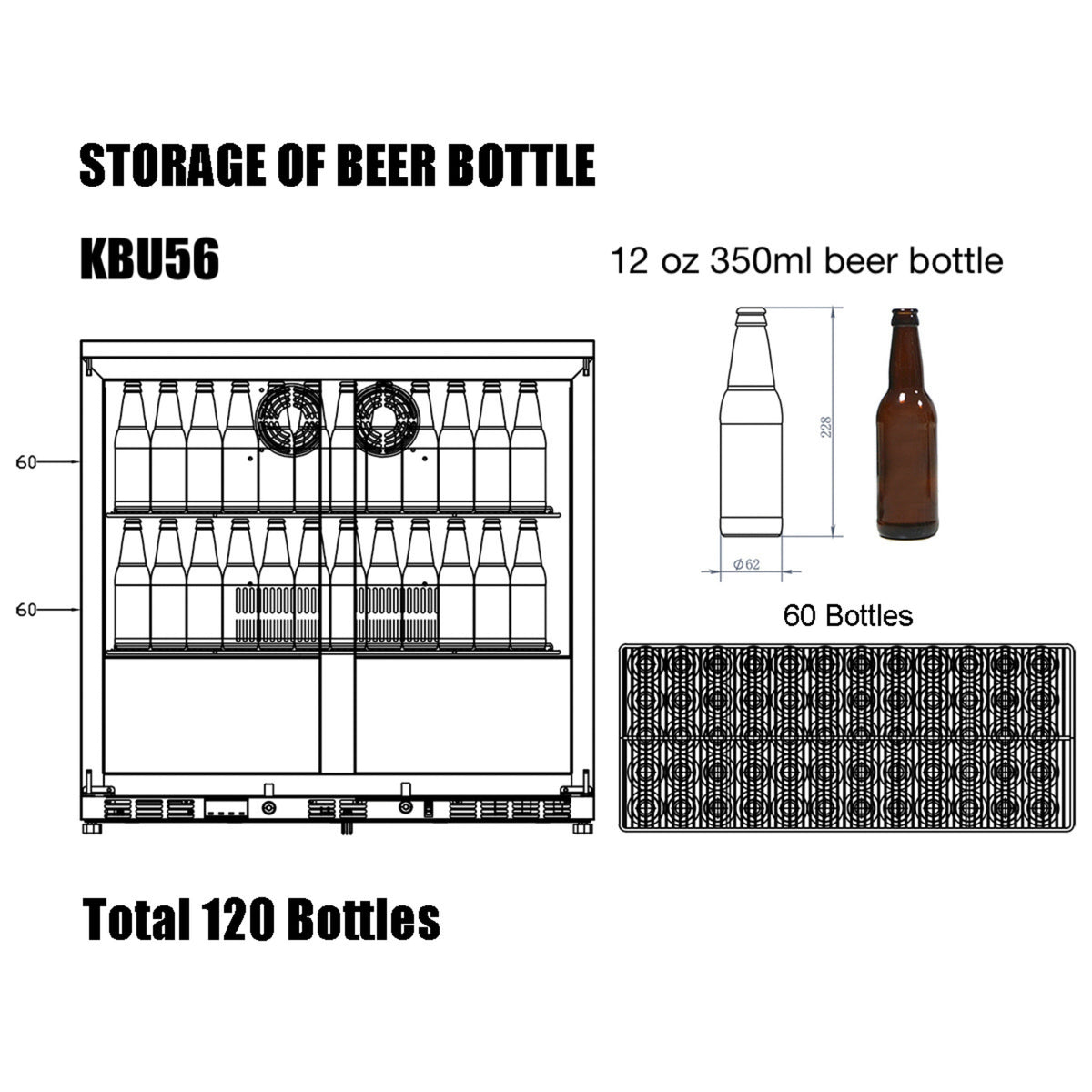 KingsBottle 36-Inch Under-Counter Beverage Refrigerator with Heated Glass Door