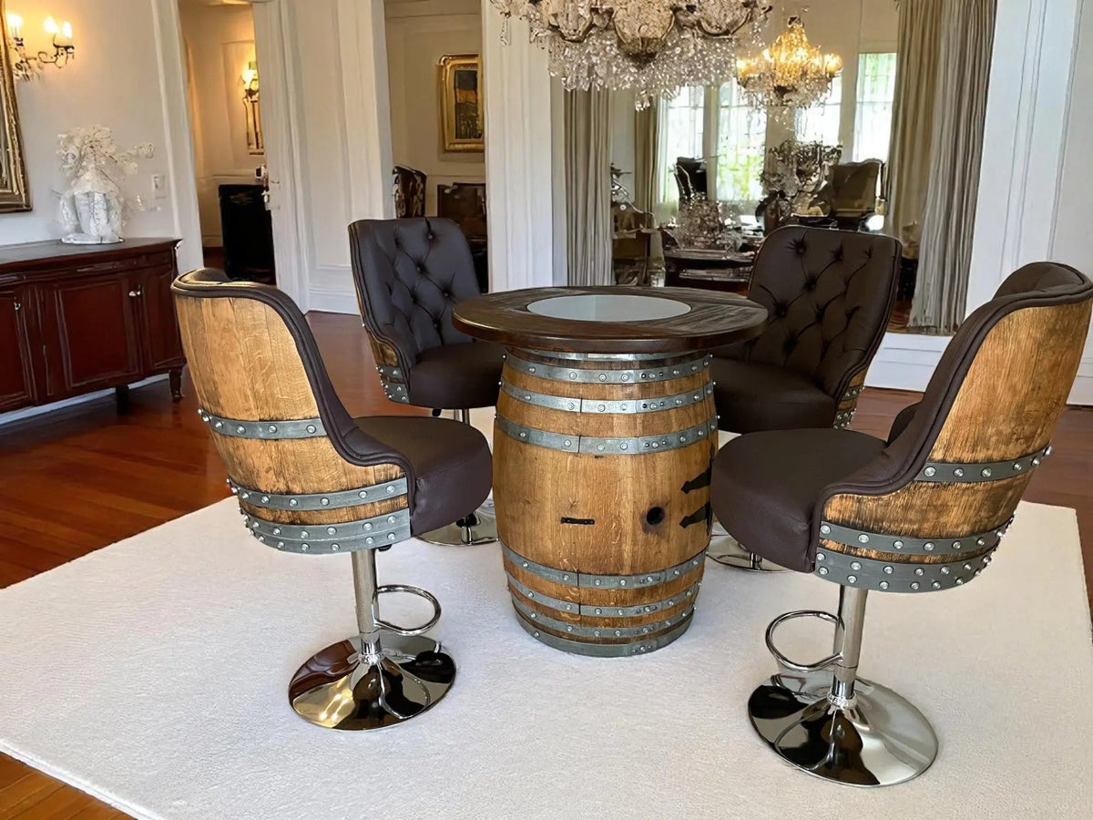 Whiskey & Wine Barrel Bar Set – Liquor Cabinet, Pub Table & Luxury Bar Stools
