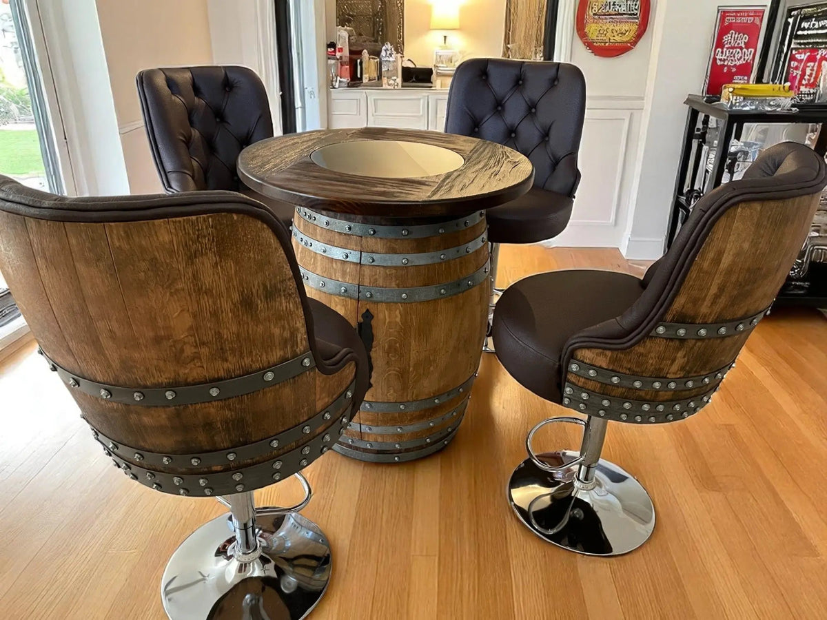 Whiskey & Wine Barrel Bar Set – Liquor Cabinet, Pub Table & Luxury Bar Stools