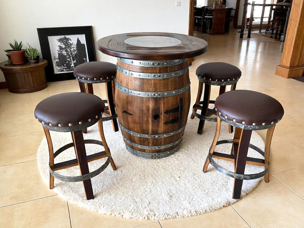 Whiskey & Wine Barrel Pub Set – 4 Stools, Counter Height, Cabinet Storage