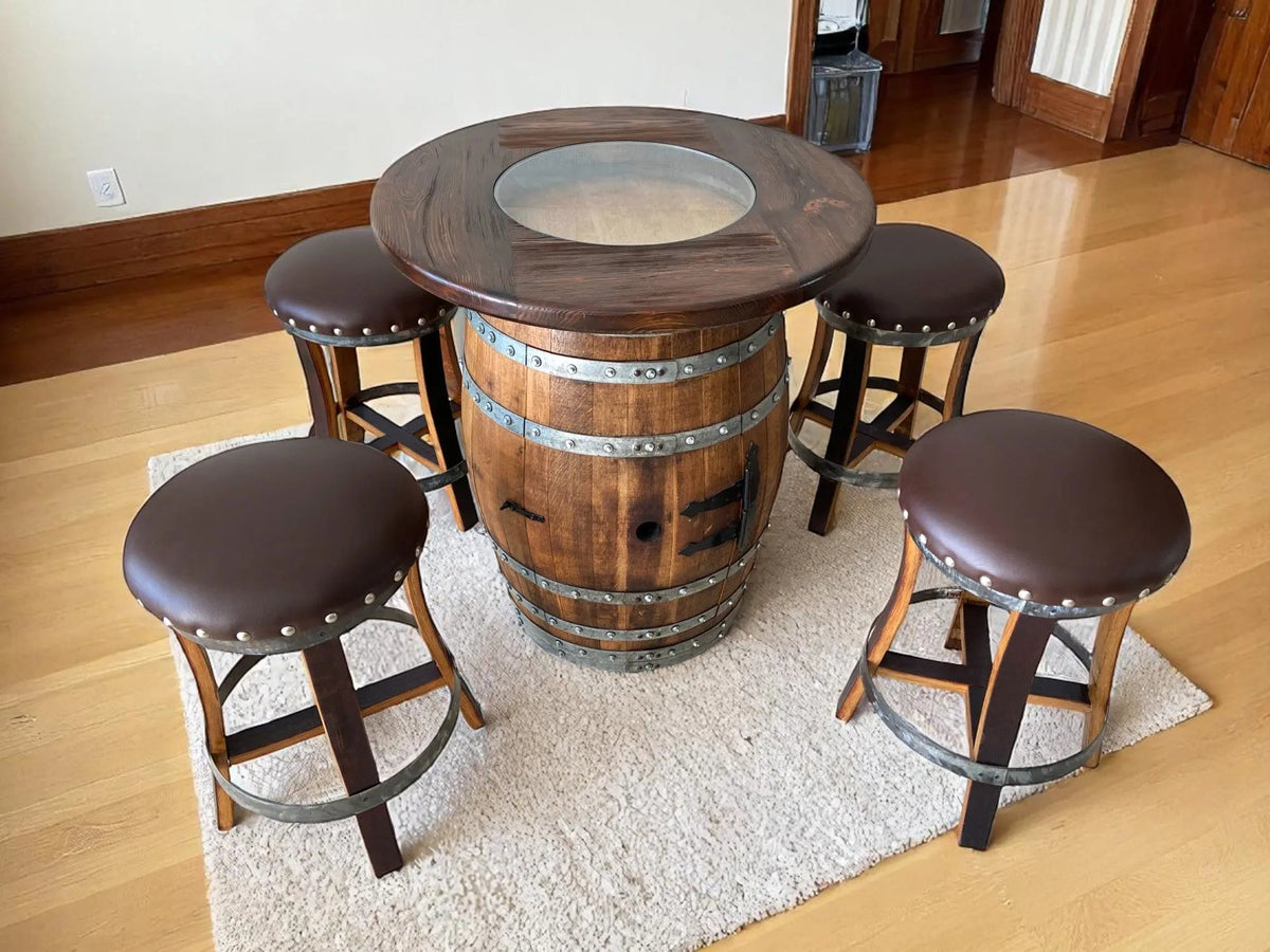 Whiskey & Wine Barrel Pub Set – 4 Stools, Counter Height, Cabinet Storage