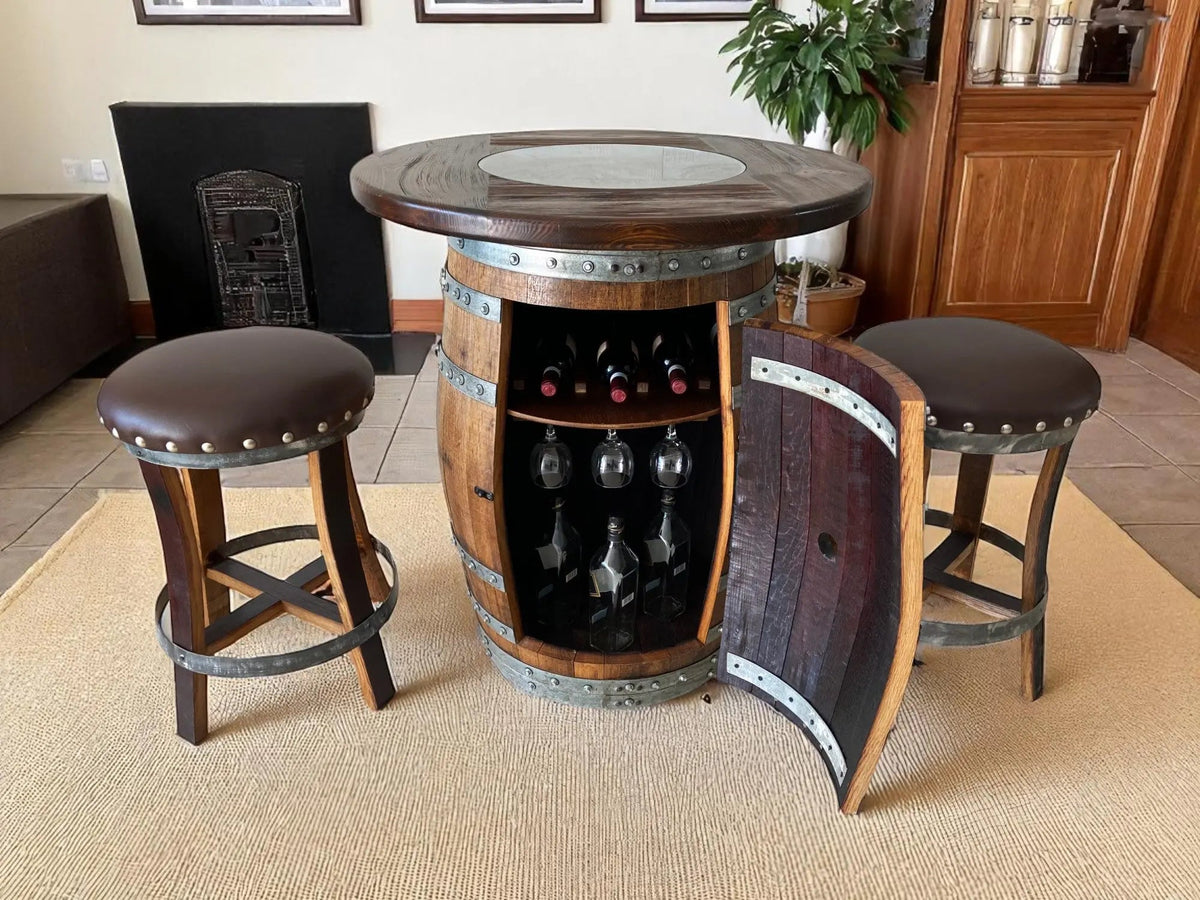 Whiskey & Wine Barrel Pub Set – 2 Stools, Counter Height, Cabinet Storage