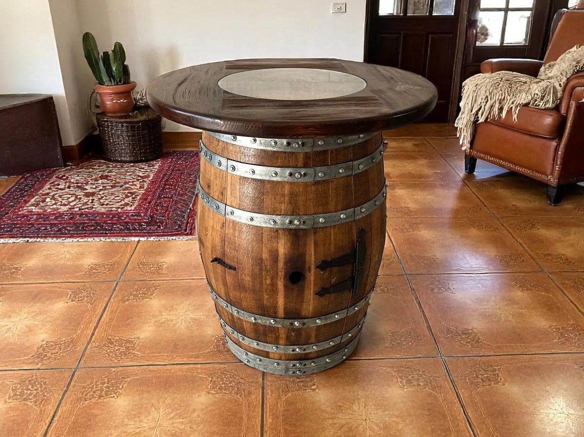 Whiskey & Wine Barrel Pub Set – 2 Stools, Counter Height, Cabinet Storage