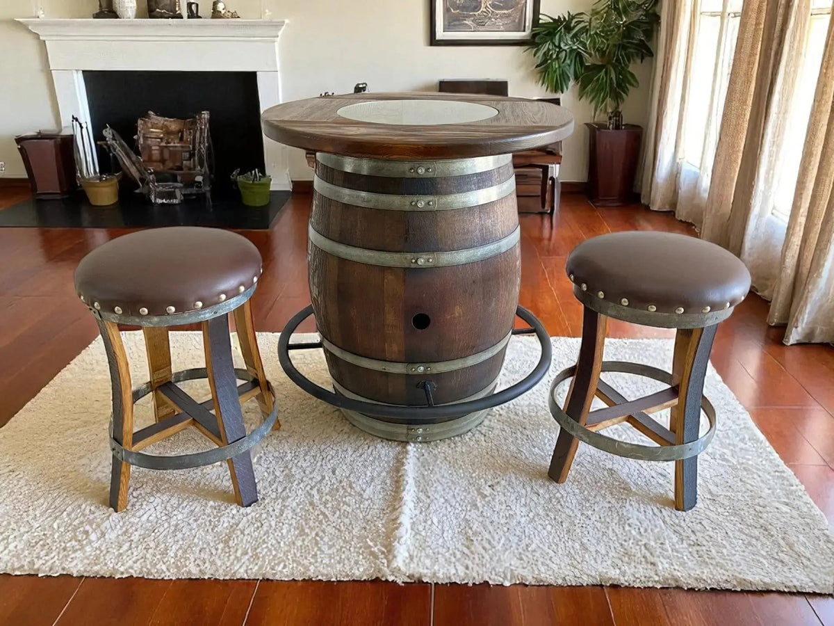 Whiskey & Wine Barrel Bistro Pub Set – 2 Stools, Glass Top & Foot Rail