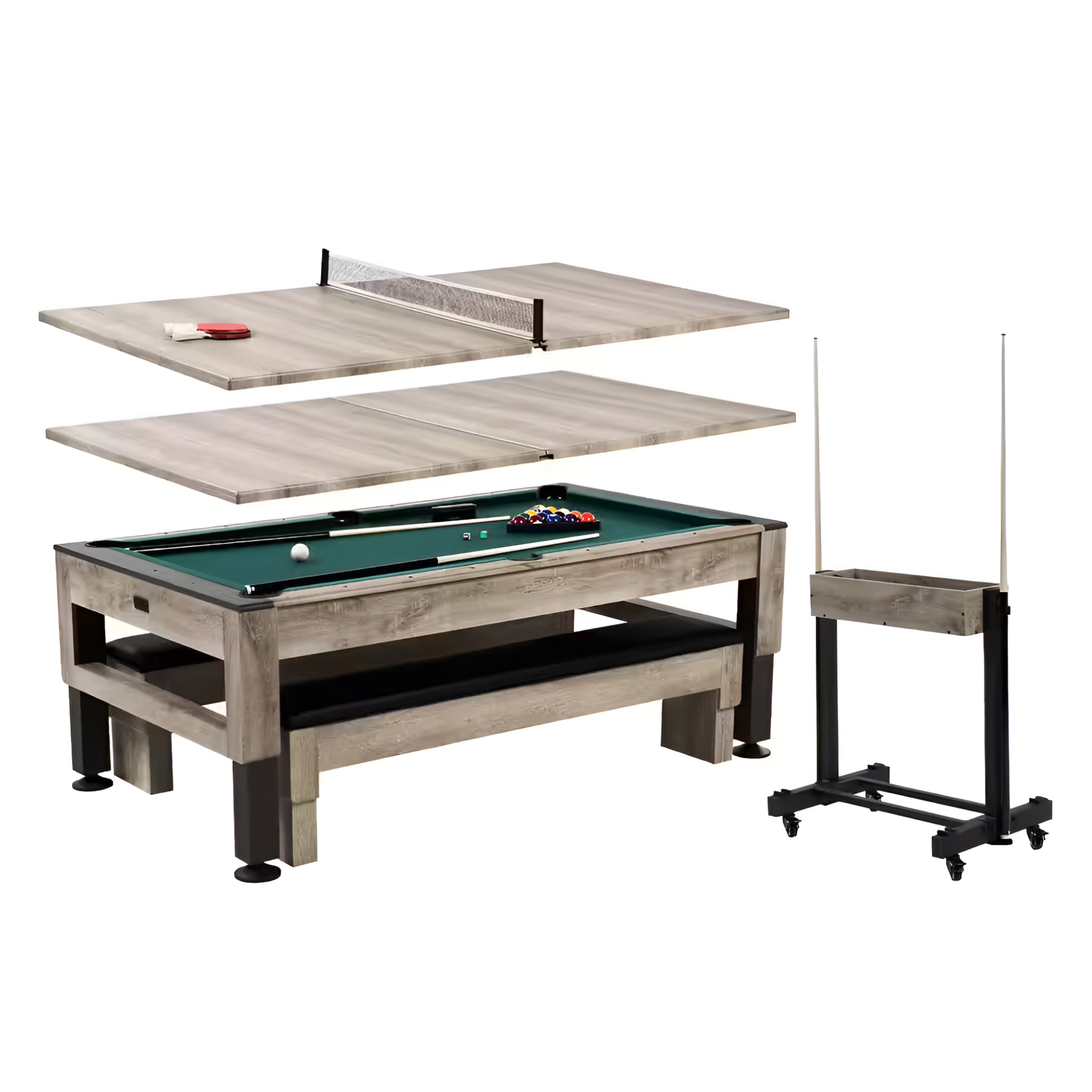 Westmont 7 Ft. Pool Table, 3-In-1 Dining Top and Table Tennis with Game Accessories and Rolling Storage Caddy