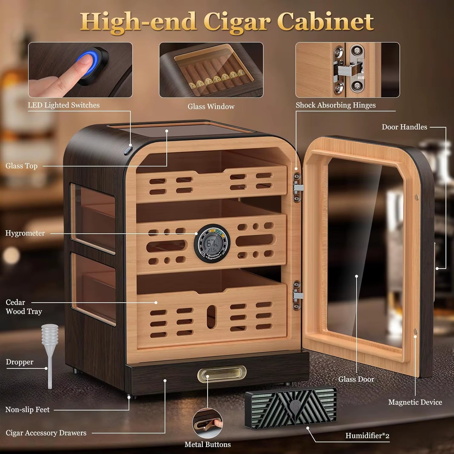 Cigar Humidor, Cedar Wood Drawer Cigar Cabinet for 80-120 Cigars, LED Lighting System, Digital Thermometer and 2 Humidifiers