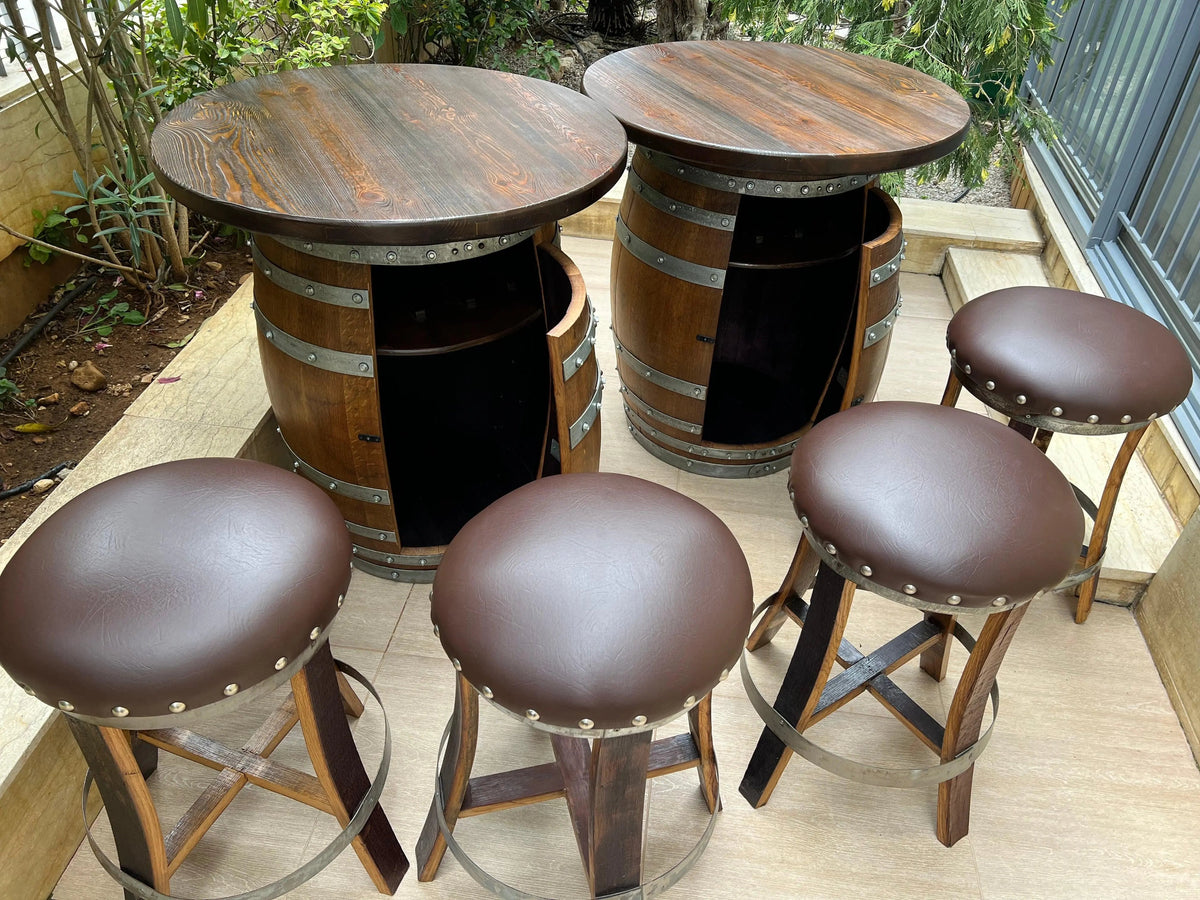Whiskey & Wine Barrel Double Liquor Cabinet – Door Storage Shelf, 0–8 Stools
