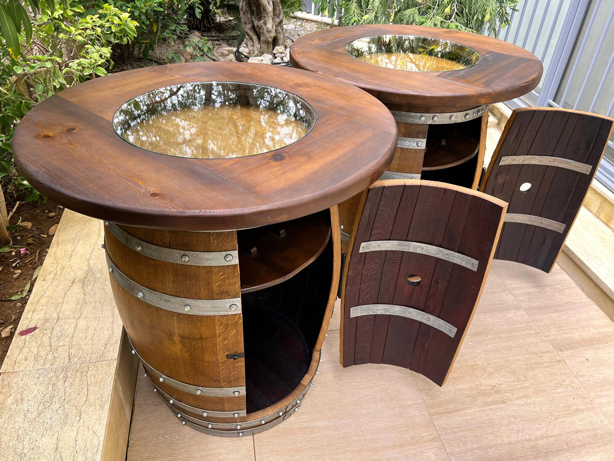 Whiskey & Wine Barrel Double Liquor Cabinet – Door Storage Shelf, 0–8 Stools