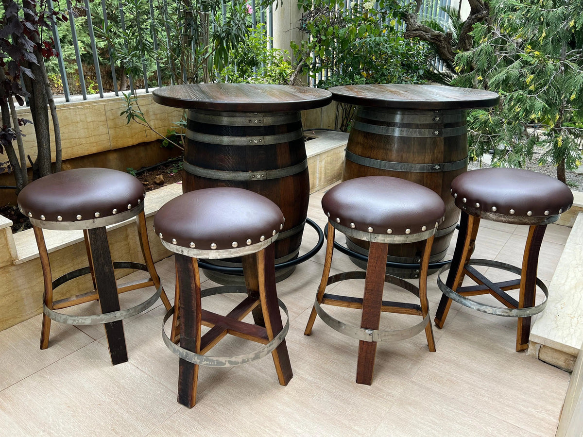 Whiskey & Wine Barrel Double Bar Set – Wood or Glass Top with 0–8 Stools