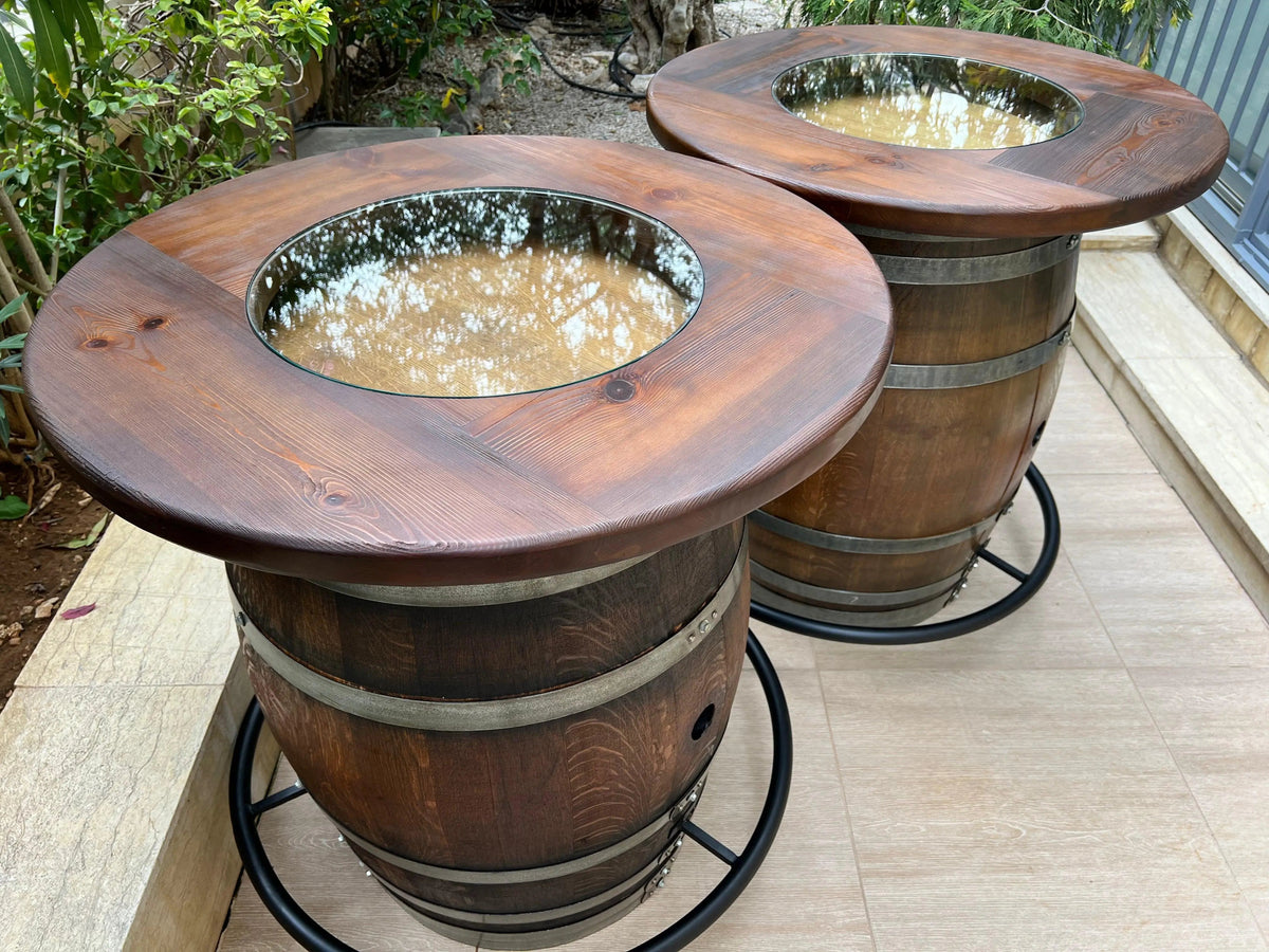 Whiskey & Wine Barrel Double Bar Set – Wood or Glass Top with 0–8 Stools