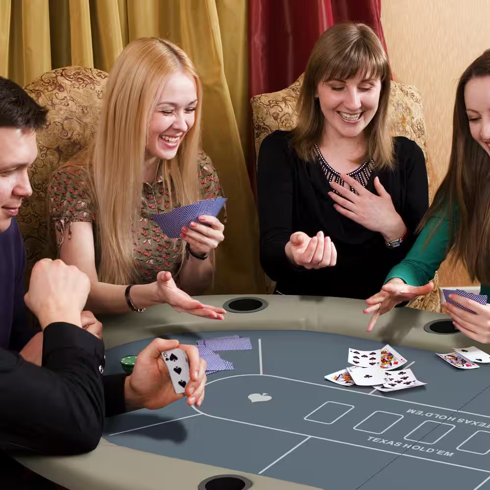 Poker Table Foldable, 70 In. Oval Blackjack Casino Texas Holdem Poker Game Table in Blue and Brown