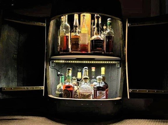 Bourbon Barrel Cabinet – Real Buffalo Trace Barrel with LED Lighting & Double Lazy Susan Shelves