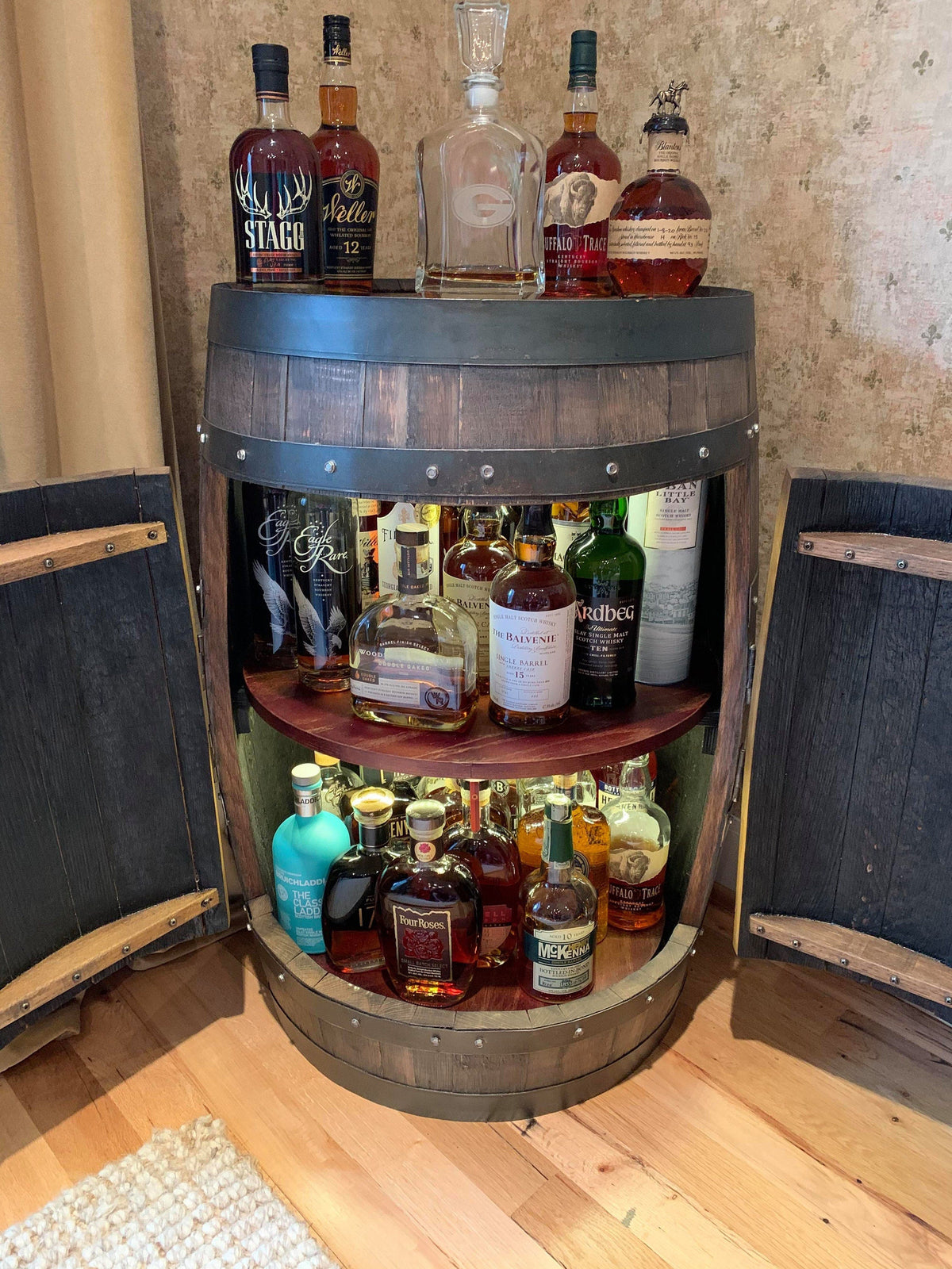 Bourbon Barrel Cabinet – Real Buffalo Trace Barrel with LED Lighting & Double Lazy Susan Shelves
