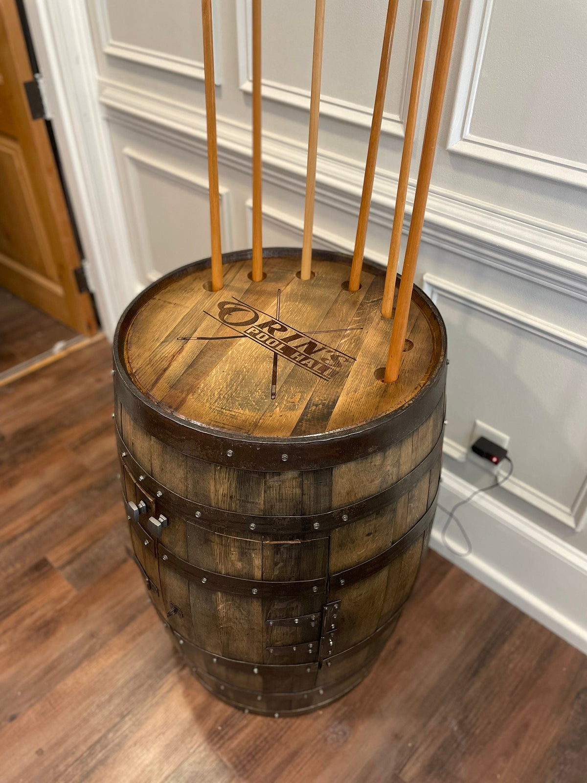 Whiskey Barrel Pool/Billiards Cabinet – Custom Pool Cue & Equipment Storage