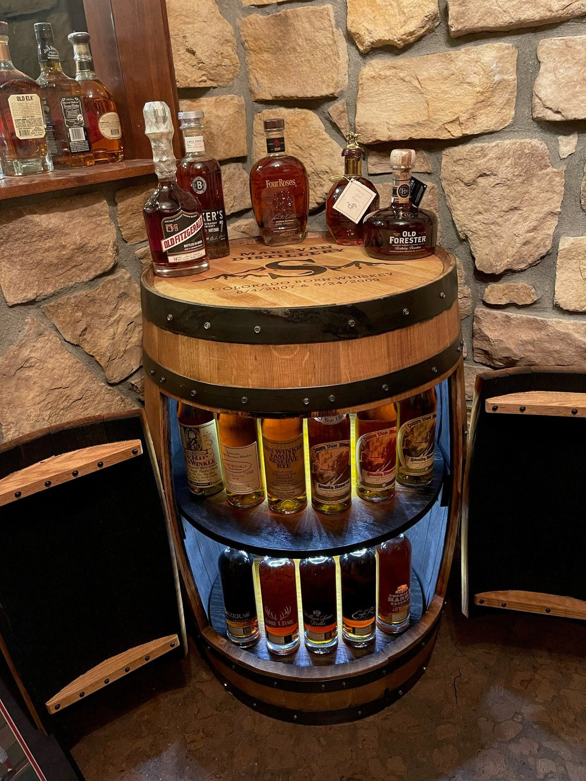 Bourbon Barrel Cabinet with Multicolor LEDs – Custom Engraved Whiskey Barrel Bar Cabinet