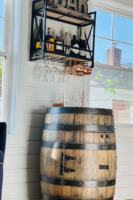 Bourbon Barrel Cabinet with Multicolor LEDs – Custom Engraved Whiskey Barrel Bar Cabinet
