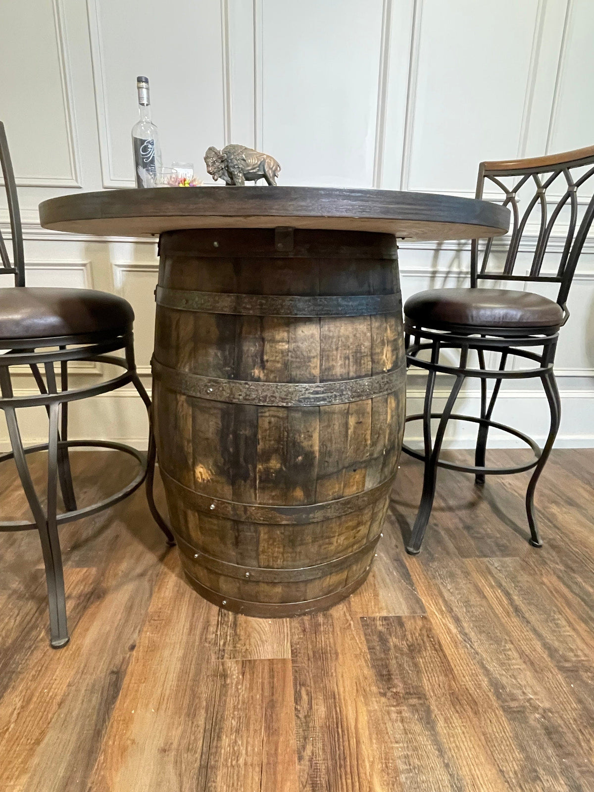 Custom Bourbon Barrel Bistro/Pub Table with Glass Insert – Personalized Engraving