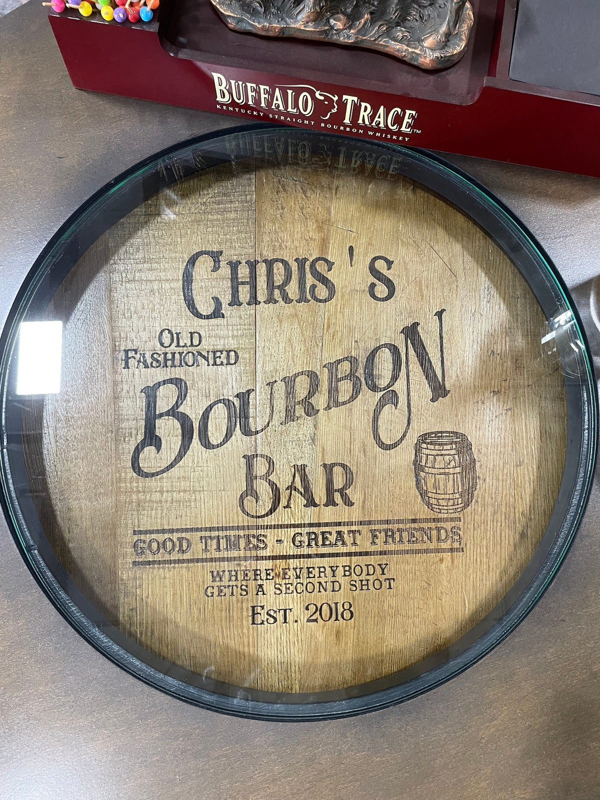 Custom Bourbon Barrel Bistro/Pub Table with Glass Insert – Personalized Engraving