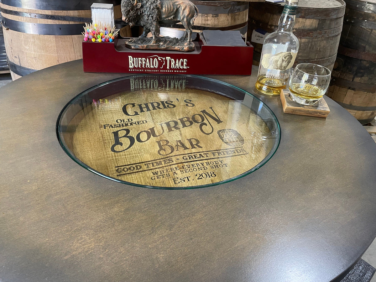 Custom Bourbon Barrel Bistro/Pub Table with Glass Insert – Personalized Engraving
