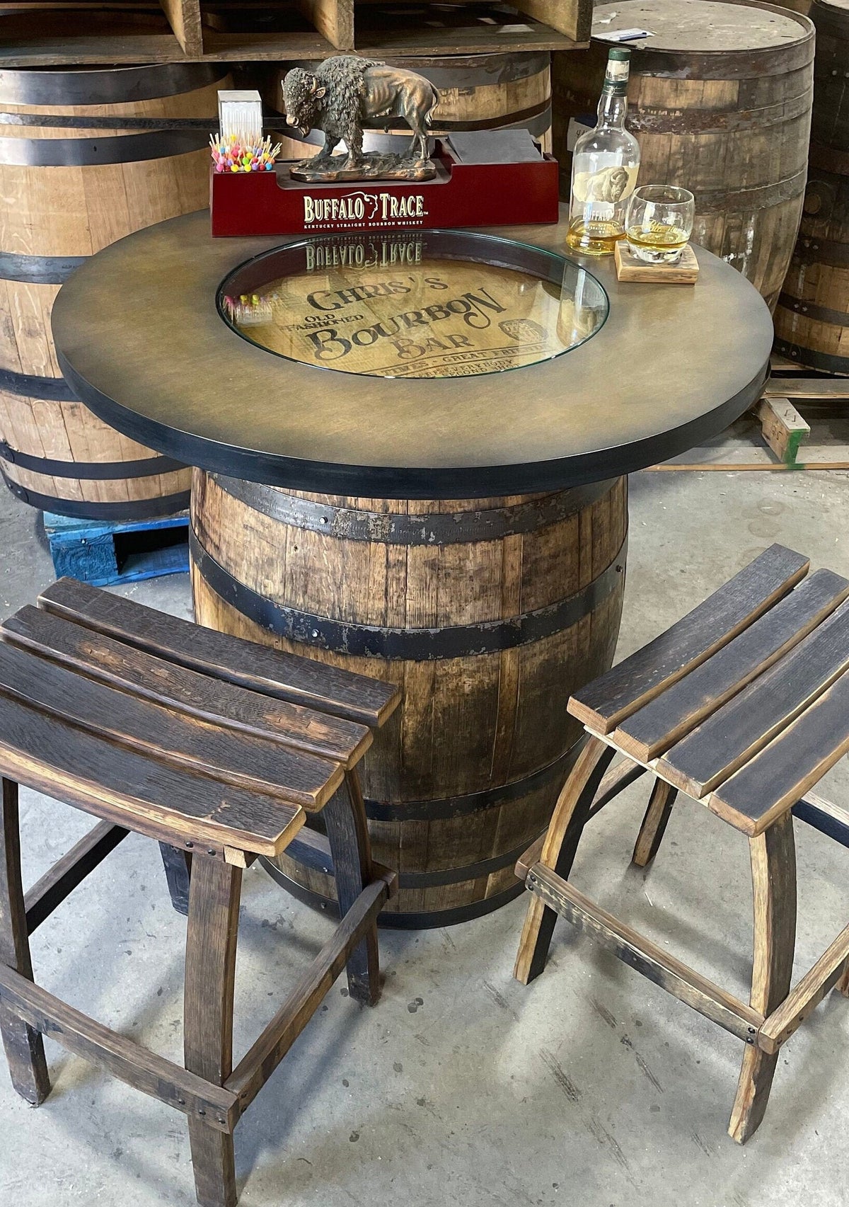 Custom Bourbon Barrel Bistro/Pub Table with Glass Insert – Personalized Engraving